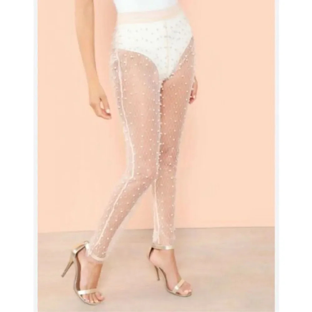 HOT & DELICIOUS | Pearl Embellished Ivory Cream Mesh Leggings Pants | Medium